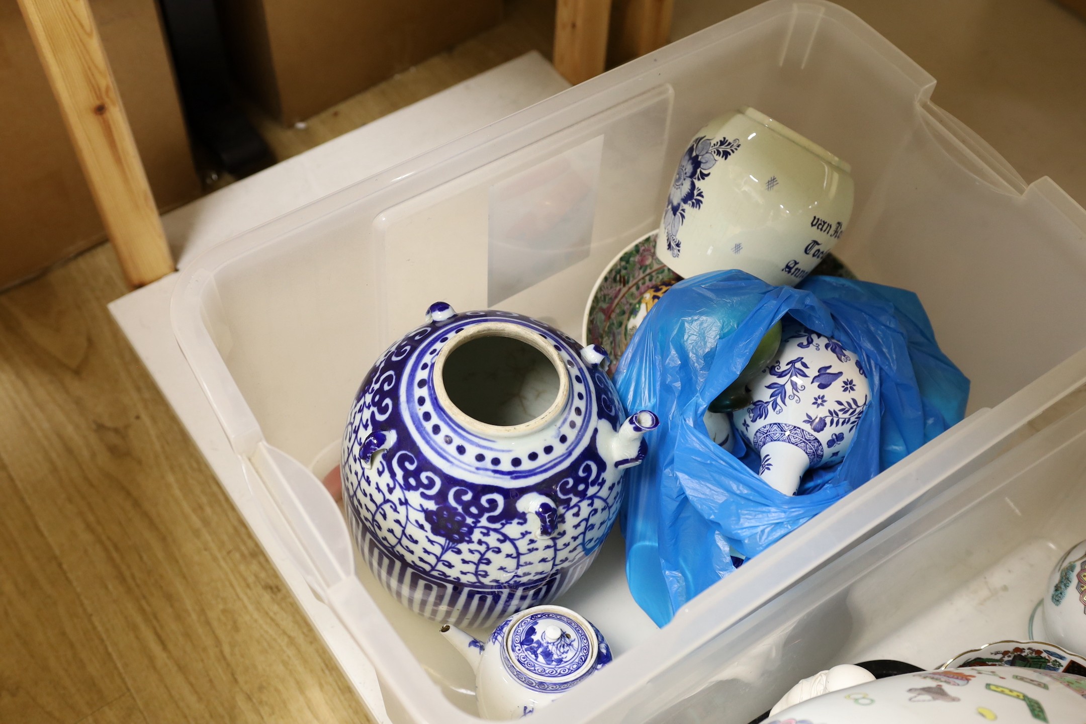Mixed Oriental ceramics, papier mache wall pockets etc